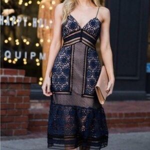 Self-Portrait Blue Tan Sheath Midi Dress